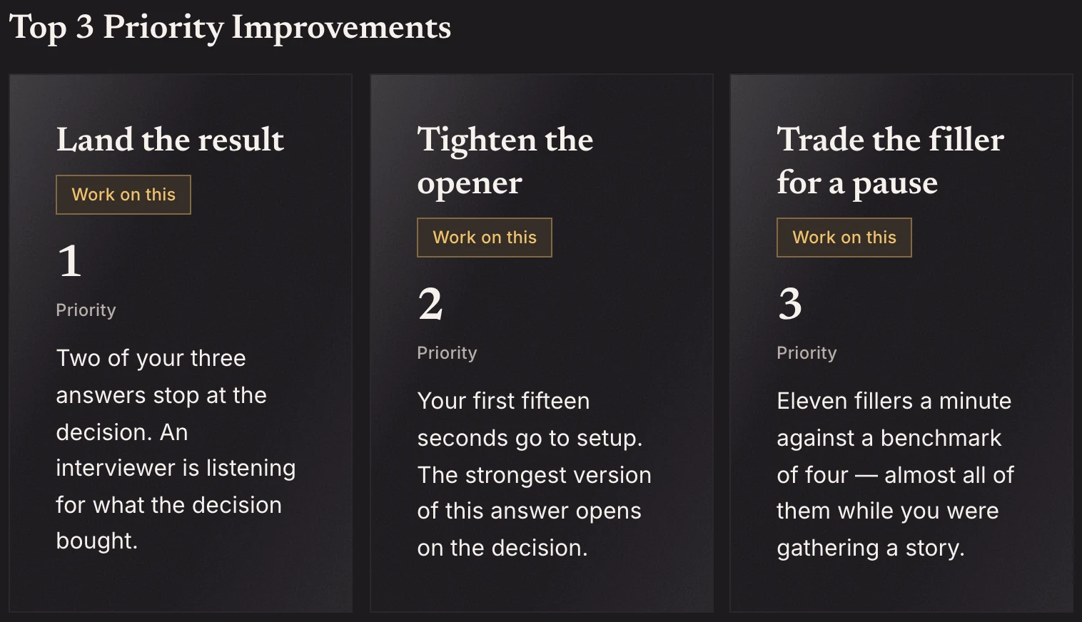 An InterviewSparrow sample report, Section D, Top 3 Priority Improvements: “Land the result”, “Tighten the opener” and “Trade the filler for a pause”, each ranked, diagnosed, and carrying a Work on this action.