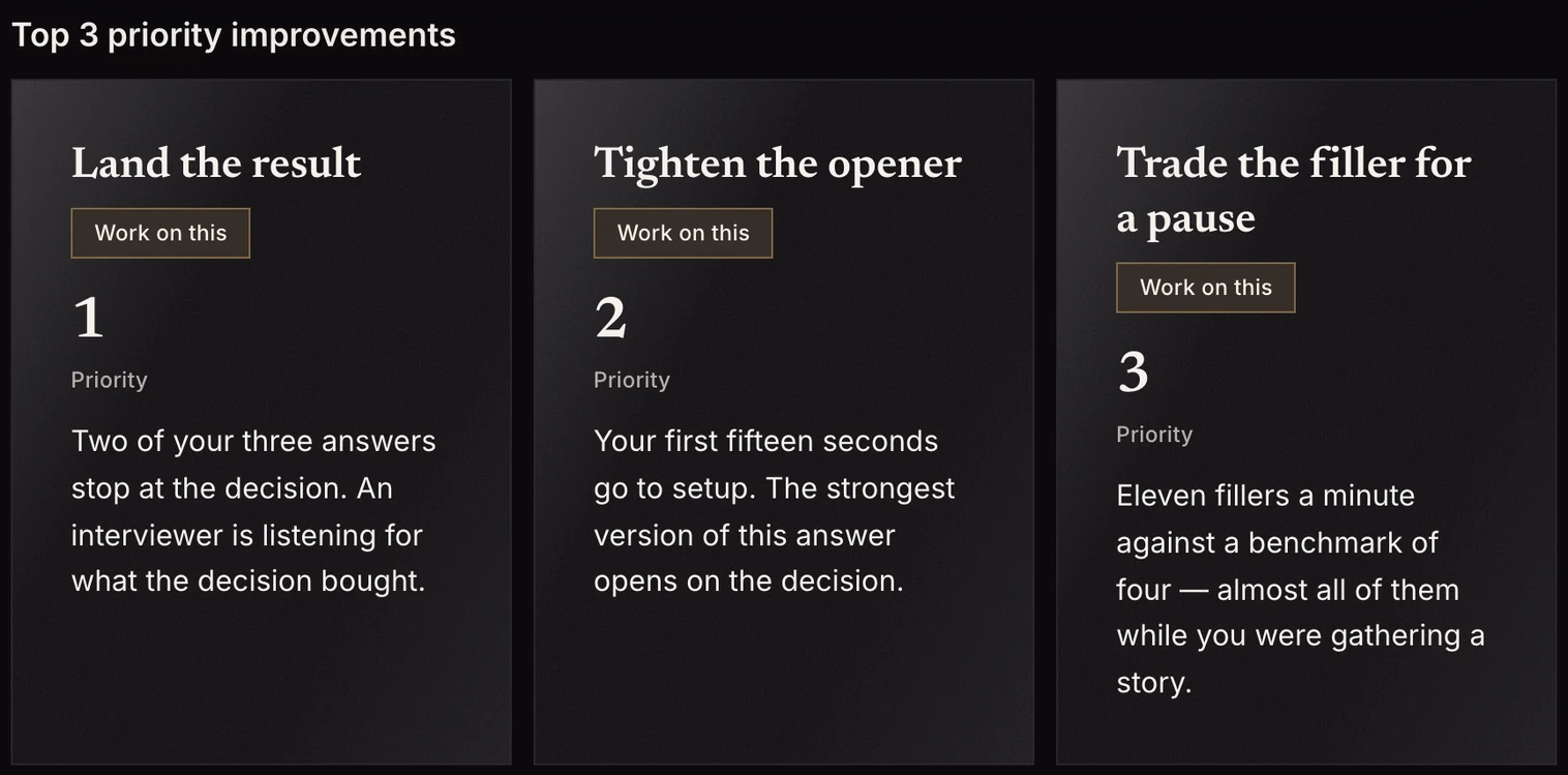 An InterviewSparrow sample report, Section D, “Top 3 priority improvements”: three cards headed “Land the result”, “Tighten the opener” and “Trade the filler for a pause”, each with a Work on this action, its priority number and a short diagnostic.