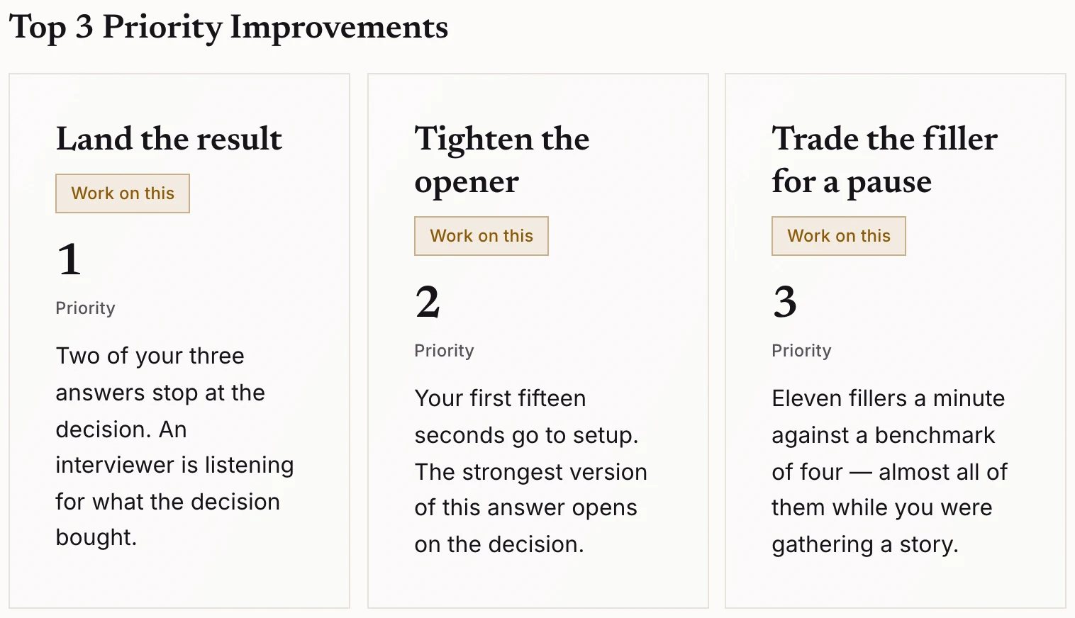 An InterviewSparrow sample report, Section D, Top 3 Priority Improvements: “Land the result”, “Tighten the opener” and “Trade the filler for a pause”, each ranked, diagnosed, and carrying a Work on this action.