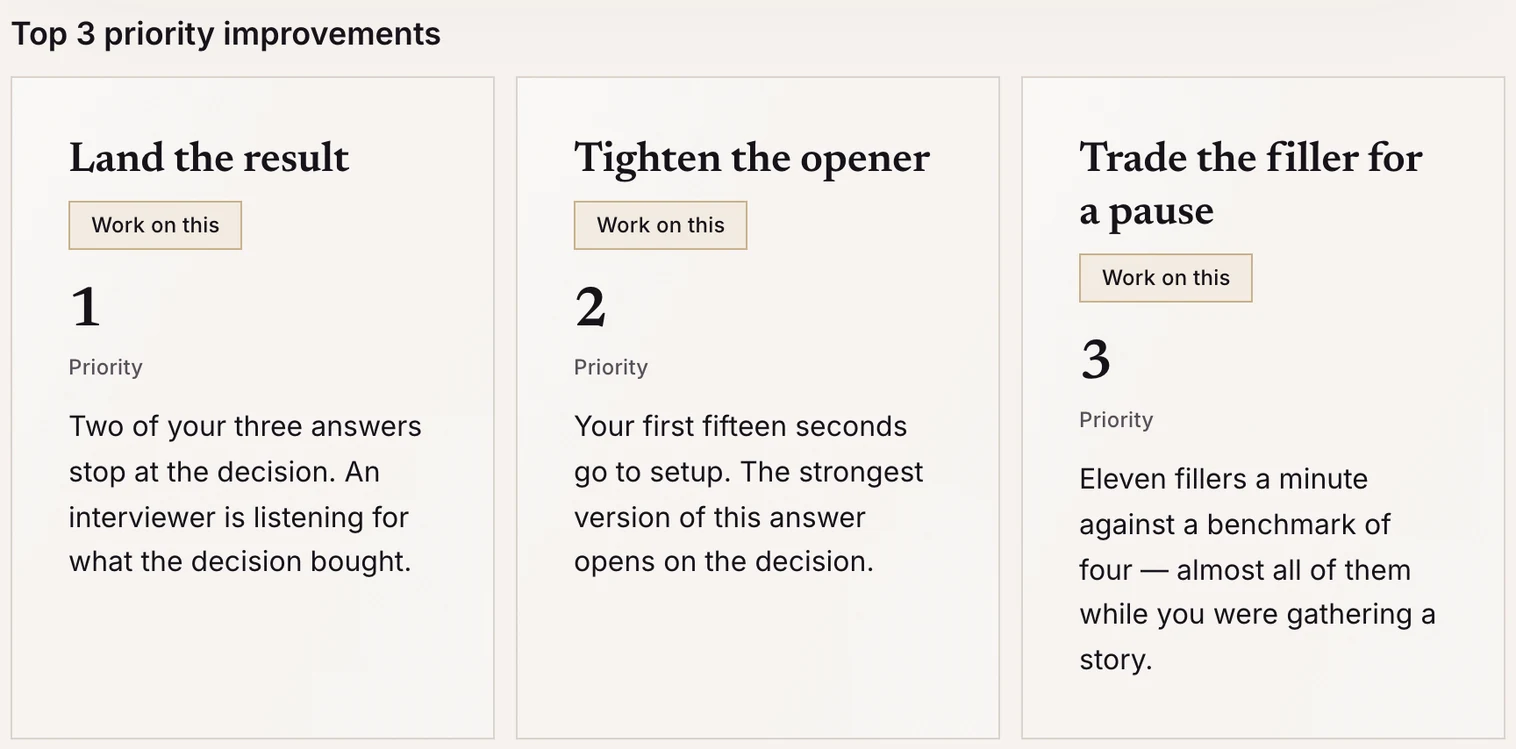An InterviewSparrow sample report, Section D, “Top 3 priority improvements”: three cards headed “Land the result”, “Tighten the opener” and “Trade the filler for a pause”, each with a Work on this action, its priority number and a short diagnostic.