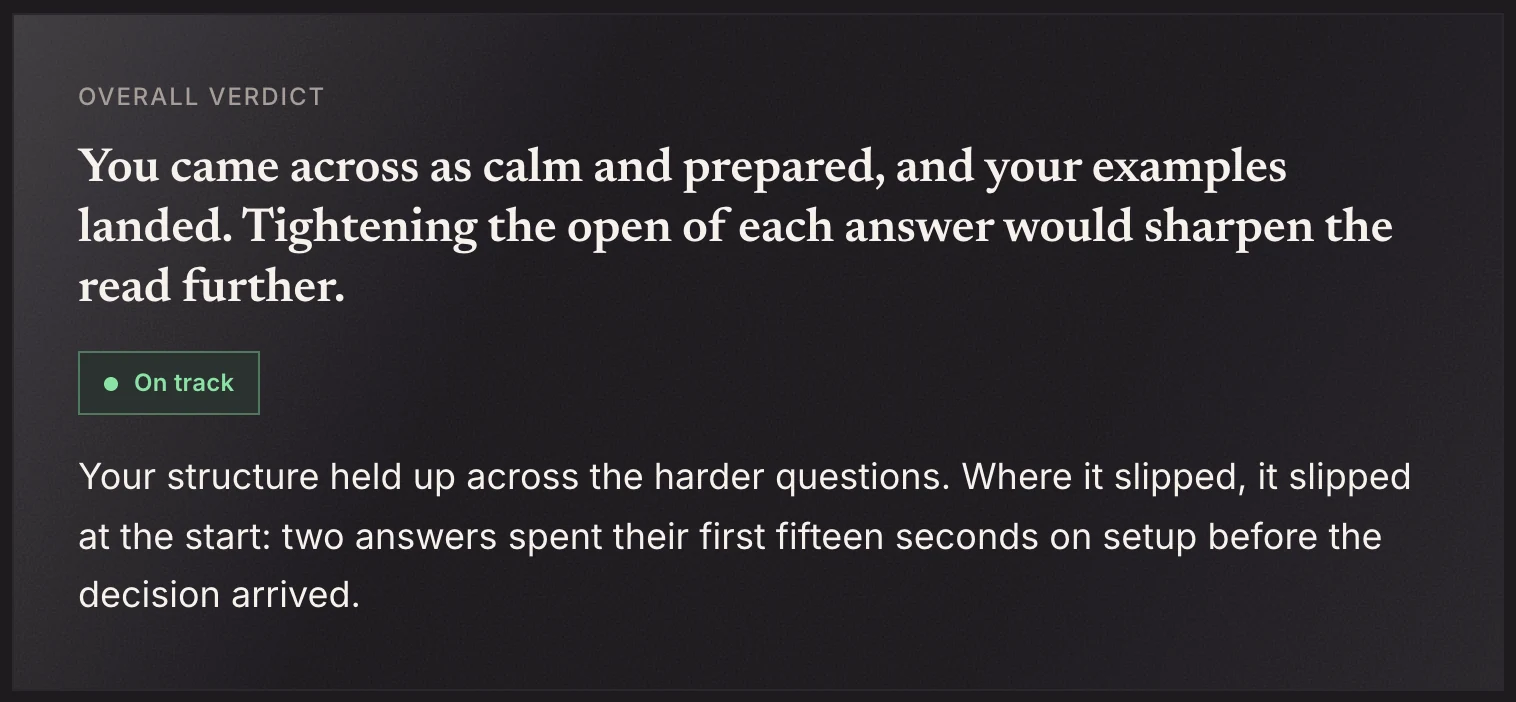 An InterviewSparrow sample report, Section A: the overall verdict “You came across as calm and prepared, and your examples landed.”, an On track band, and the diagnostic underneath.