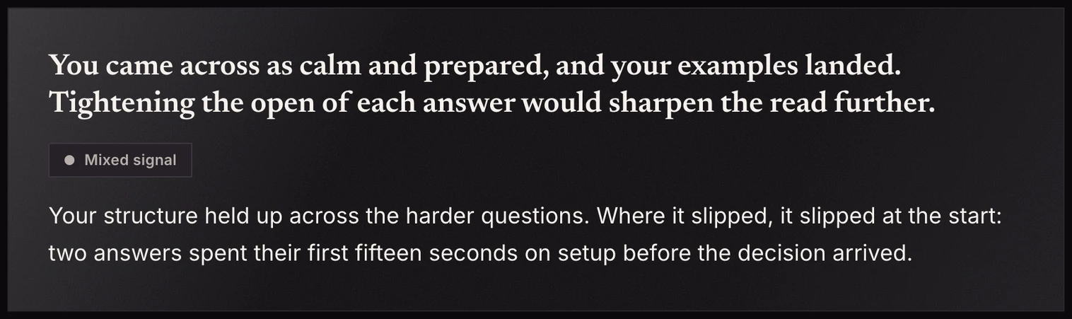 An InterviewSparrow sample report, Section A: the overall verdict “You came across as calm and prepared, and your examples landed. Tightening the open of each answer would sharpen the read further.”, a Mixed signal chip, and the diagnostic underneath.