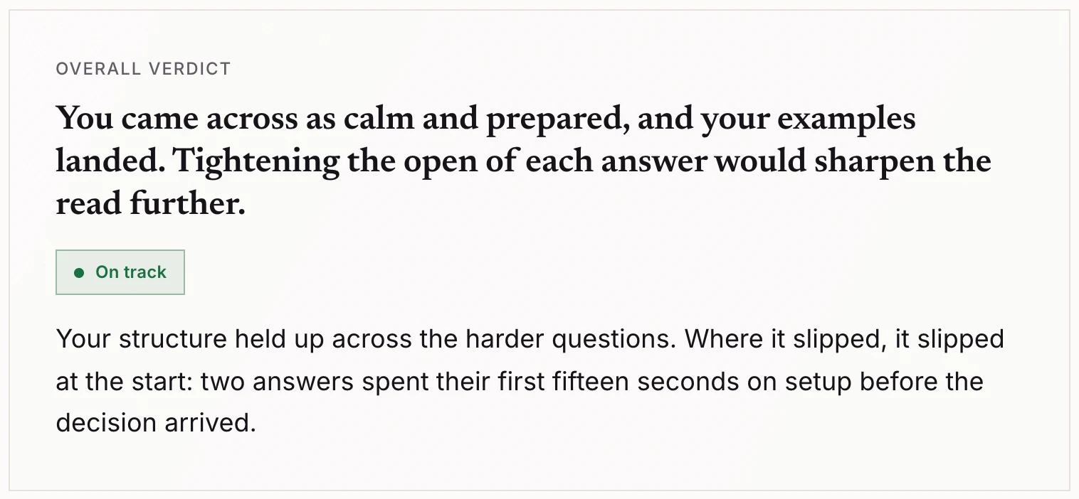 An InterviewSparrow sample report, Section A: the overall verdict “You came across as calm and prepared, and your examples landed.”, an On track band, and the diagnostic underneath.