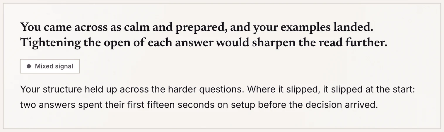 An InterviewSparrow sample report, Section A: the overall verdict “You came across as calm and prepared, and your examples landed. Tightening the open of each answer would sharpen the read further.”, a Mixed signal chip, and the diagnostic underneath.