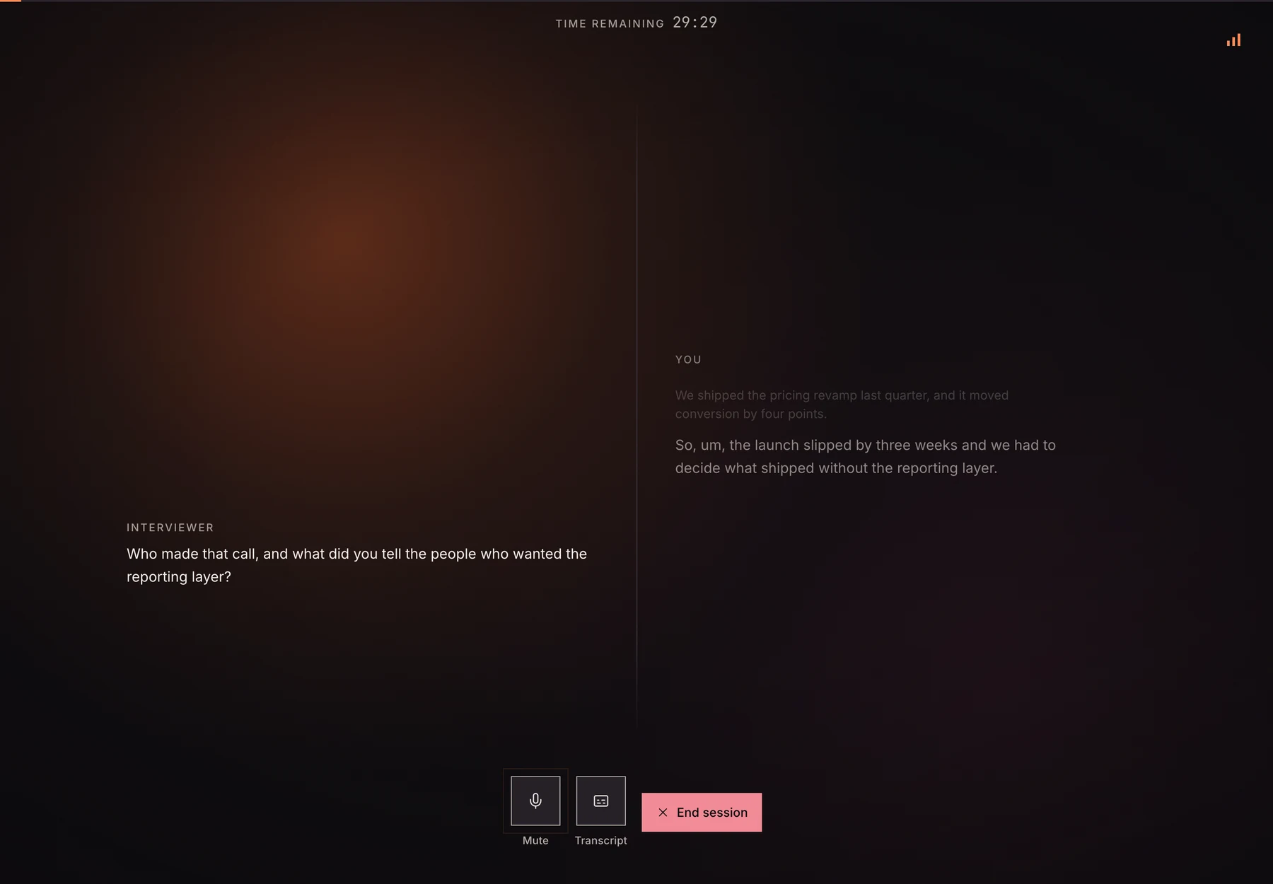 InterviewSparrow’s live interview screen on a follow-up: the interviewer’s next question — “Who made that call, and what did you tell the people who wanted the reporting layer?” — has replaced the first, and the candidate’s answer it came from is still on the right.